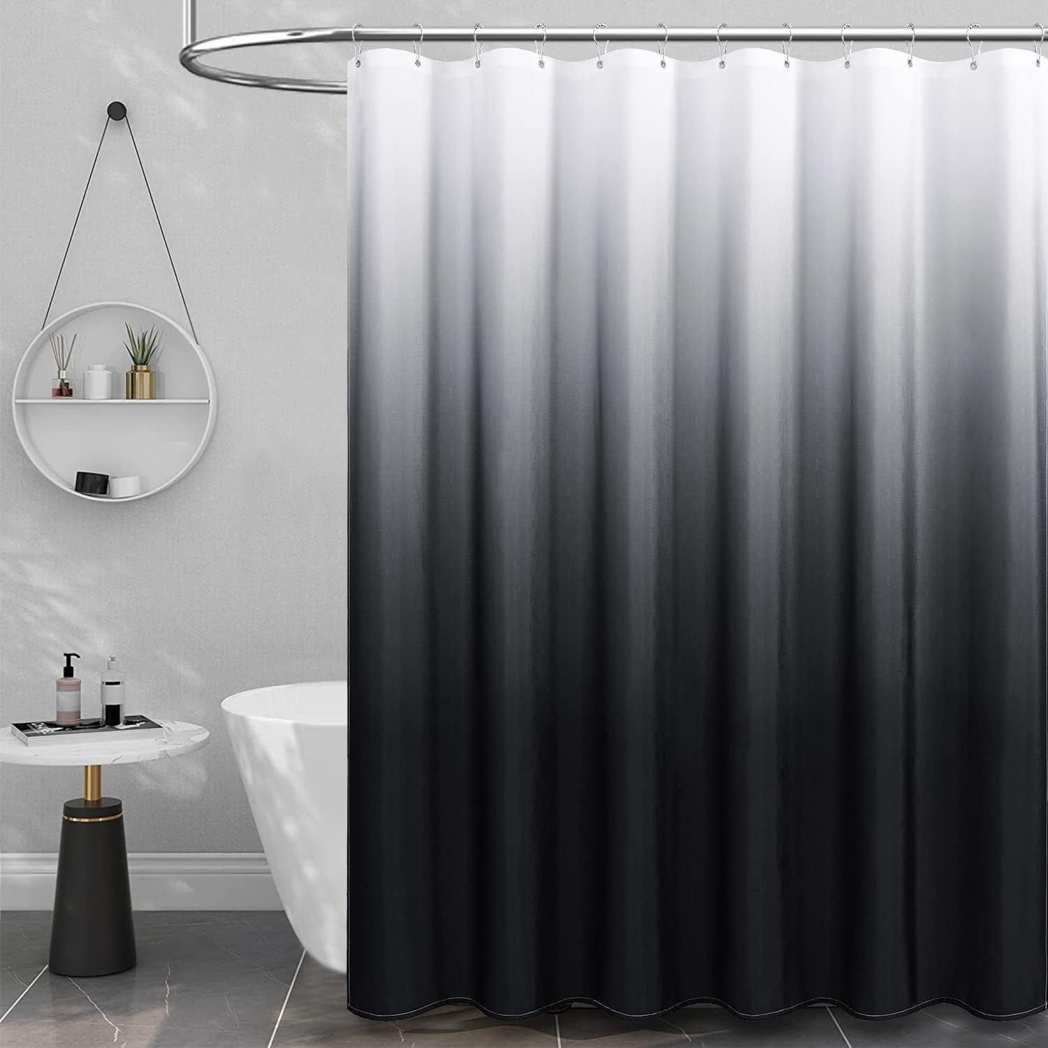 Extra Long Shower Curtain, 72 x 84 Inch Long Ombre Linen Textured Weighted Fabric Shower Curtain Set with Plastic Hooks, Large Hotel Spa Luxury Decorative Cloth Shower Curtain for Bathroom, Black