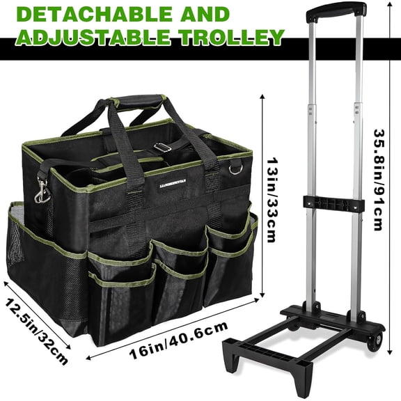 Large Rolling Cleaning Caddy Bag, Cleaning Caddy with Wheels with Detachable Trolley for Housekeepers, Water Resistant Cleaner Supplies Organizer with Wheels for Kitchen, Car, Picnic(Black-Green)