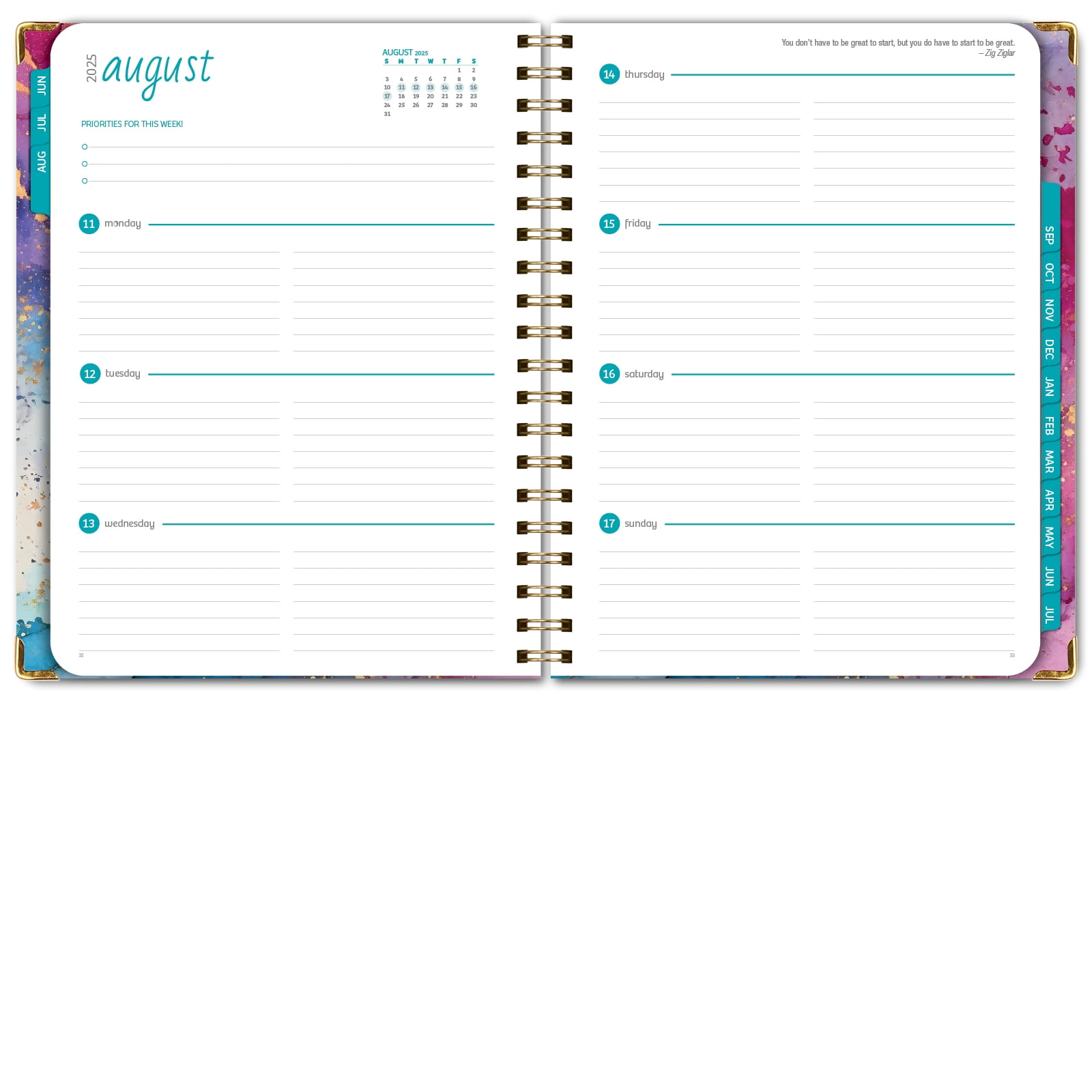 Academic Year 2025-2026 Planner, June 2025 - July 2026, 8.5"x11" Daily Weekly Monthly Planner Yearly Agenda, Hardcover, Bookmark, Pocket Folder and Sticky Note Set (Rainbow Gold Marble)