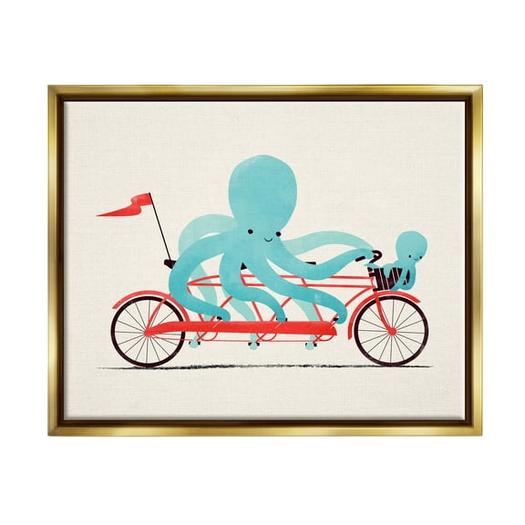 Stupell Industries Octopus Tandem Bicycle Animals & Insects Painting Gold Floater Framed Canvas Art Print Wall Art, 21 x 17