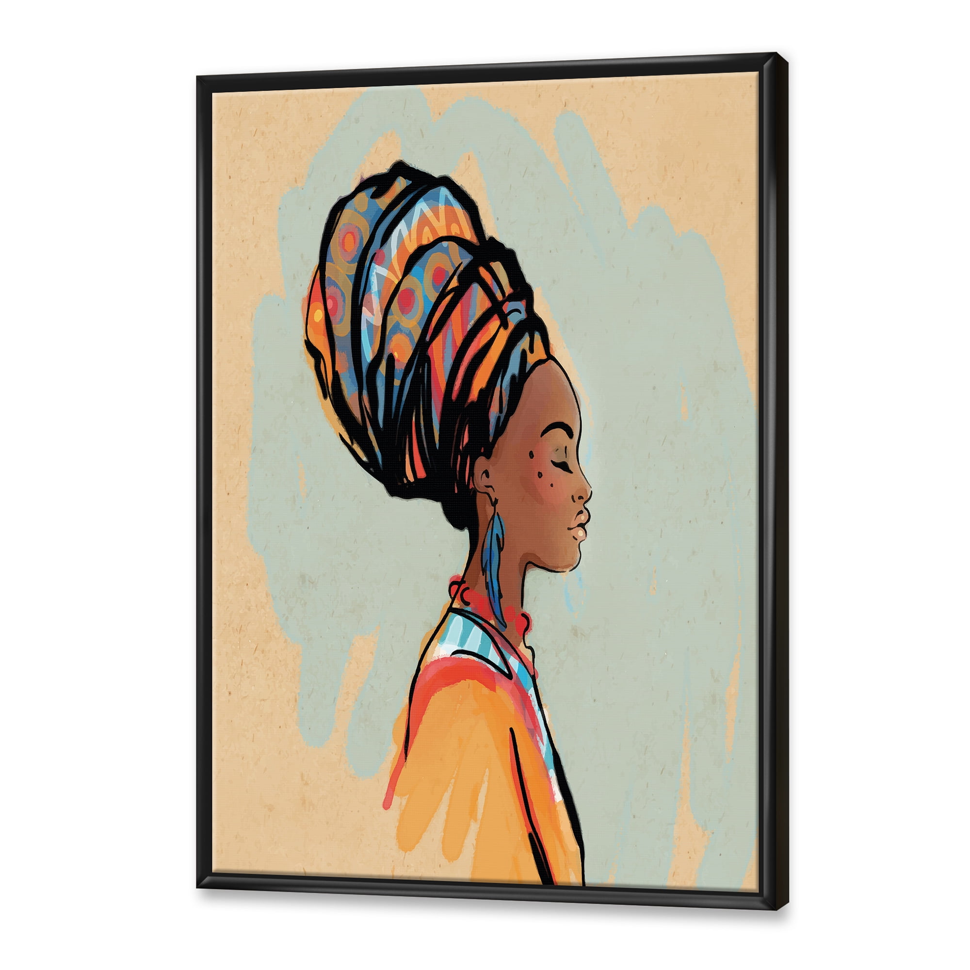 Designart 'Portrait of African American Woman With Turban III' Modern Framed Canvas Wall Art Print