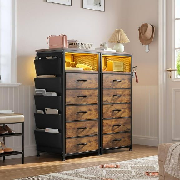 YSNW Night Stand Set 2 with Charging Station, Tall Nightstand with 5 Drawers, LED Nightstands with Ports & Outlets, Night Stands with Extra Side Bag & Hooks, Side Table, Dresser, Bedroom, Brown