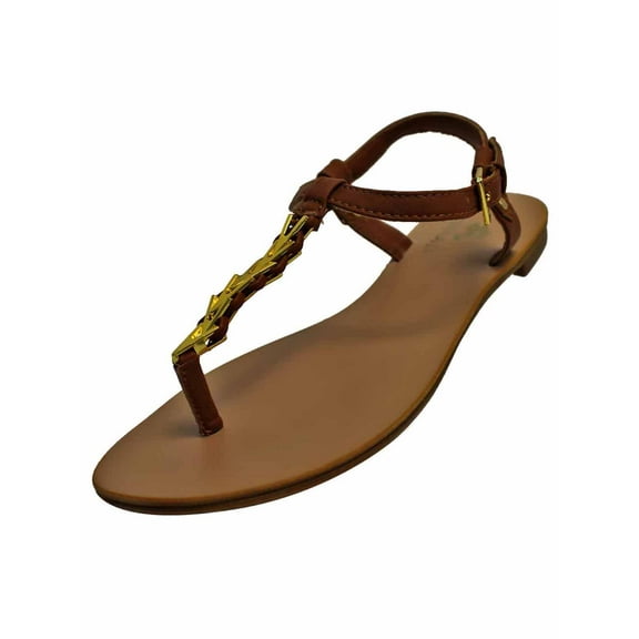 Tan Womens Thong Sandal With Gold Braid Strap Size 8