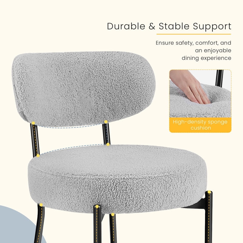 Gianna Dining Chairs Set of 2, Mid Century Modern Chair Round Upholstered Curved Backrest, Kitchen Vanity Living Room Chairs with Black Metal Legs，Gray