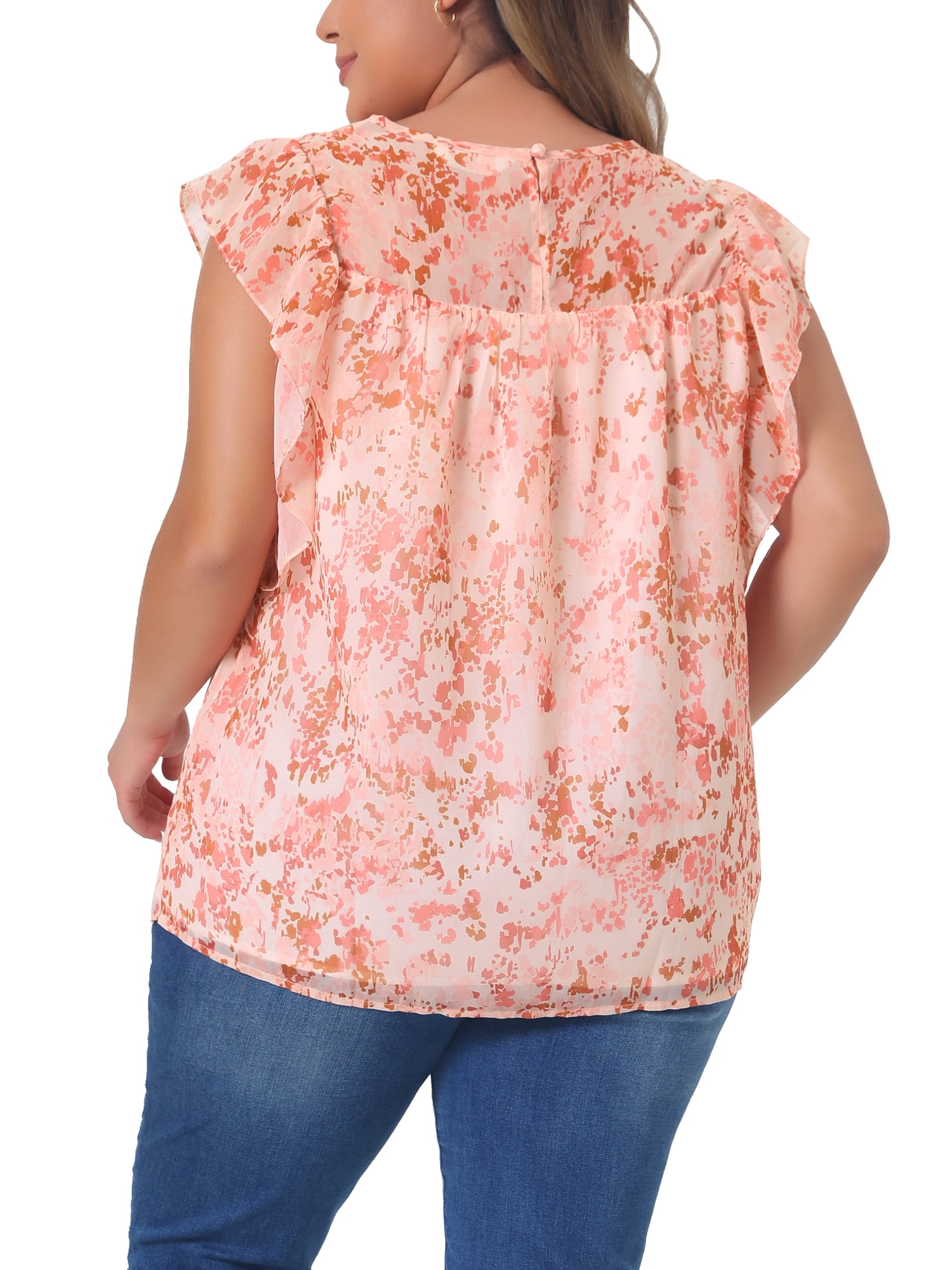DARING DIVA Women's Plus Ruffle Sleeve Keyhole Back Chiffon Blouse 1X Light Orange