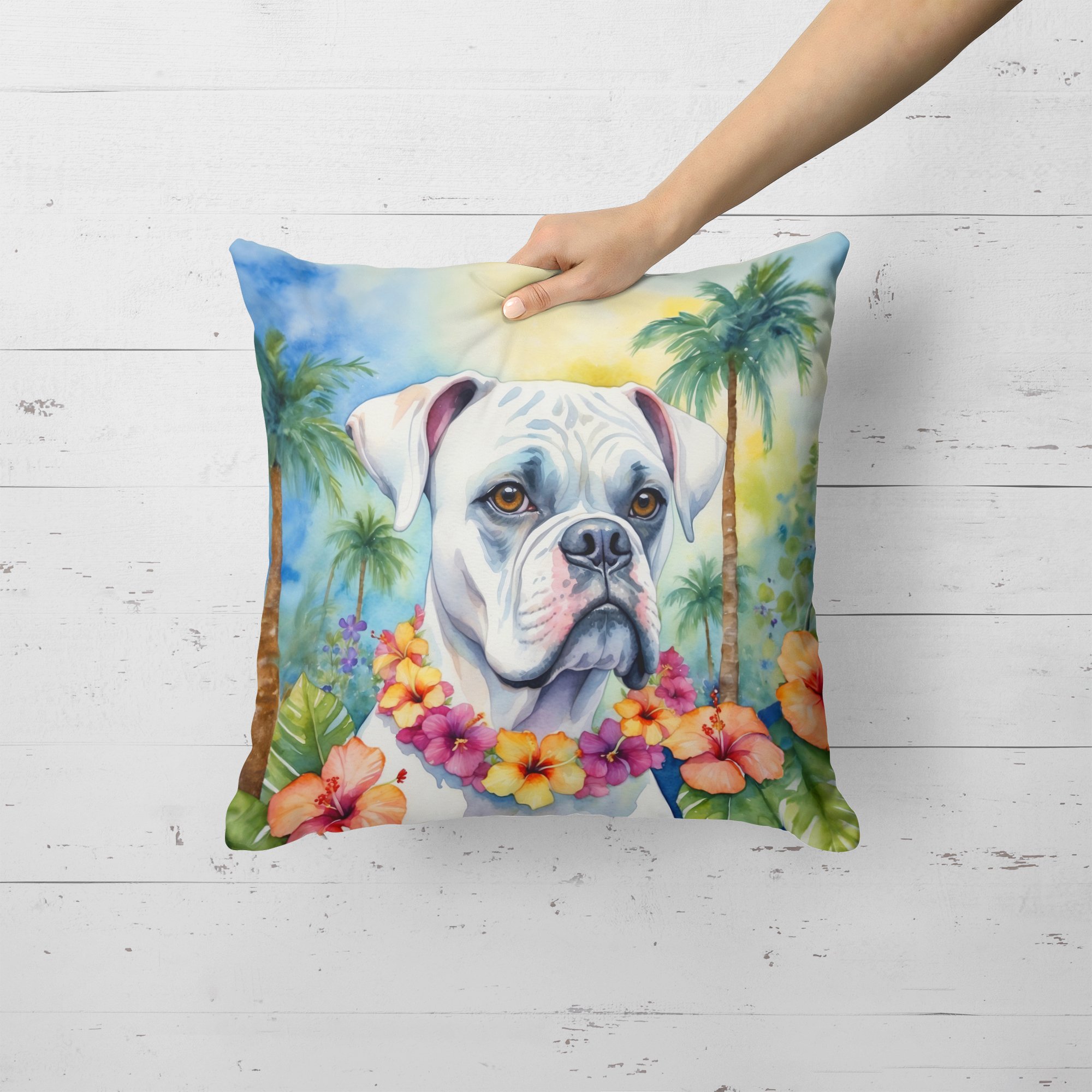 White Boxer Luau Throw Pillow 18 in x 18 in