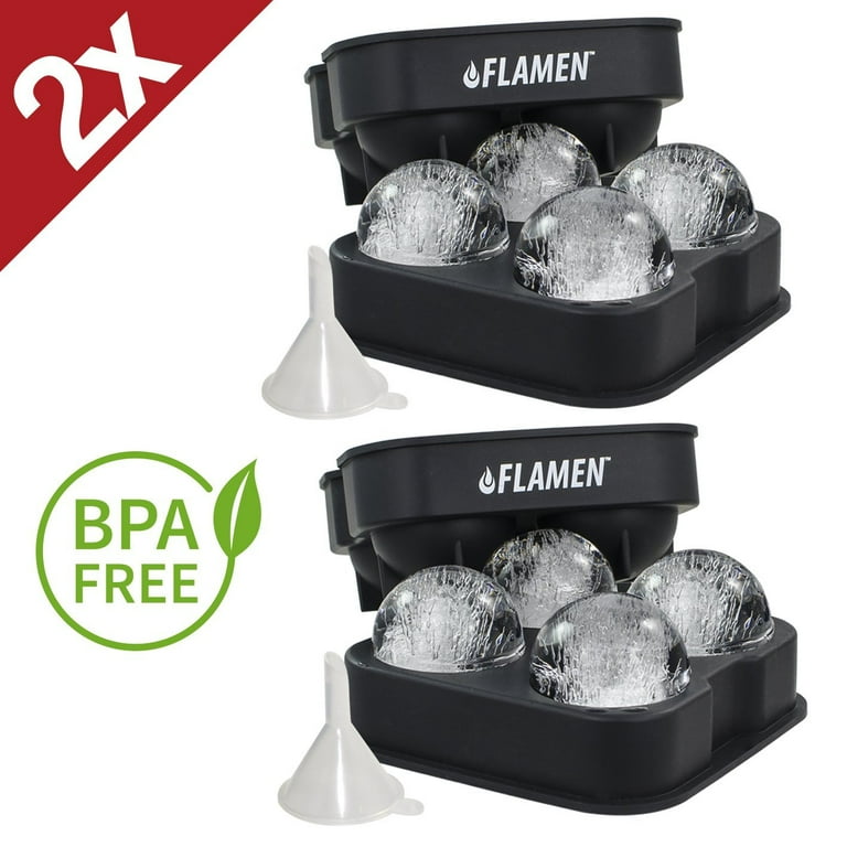 Flamen Ice Ball Maker- Easy and Fast Release Classic Tray 2 Pack No BPA. Black Flexible Silicone Ice Trays. Mold 8 X 4.5 Round Ice Ball Spheres with Funnel.