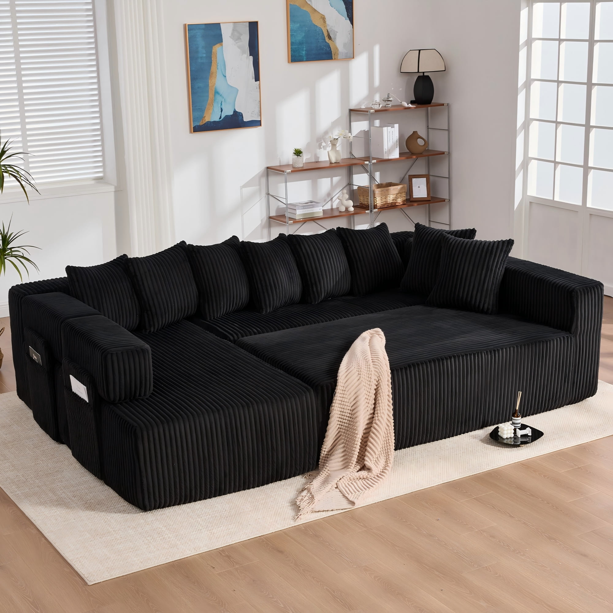 LLappuil 146" Sectional Sofa, U Shaped Sectional Couch with Chaise, 5 Seat Corduroy Sofa Convertible Sleeper Sofa Bed for Living Room Black