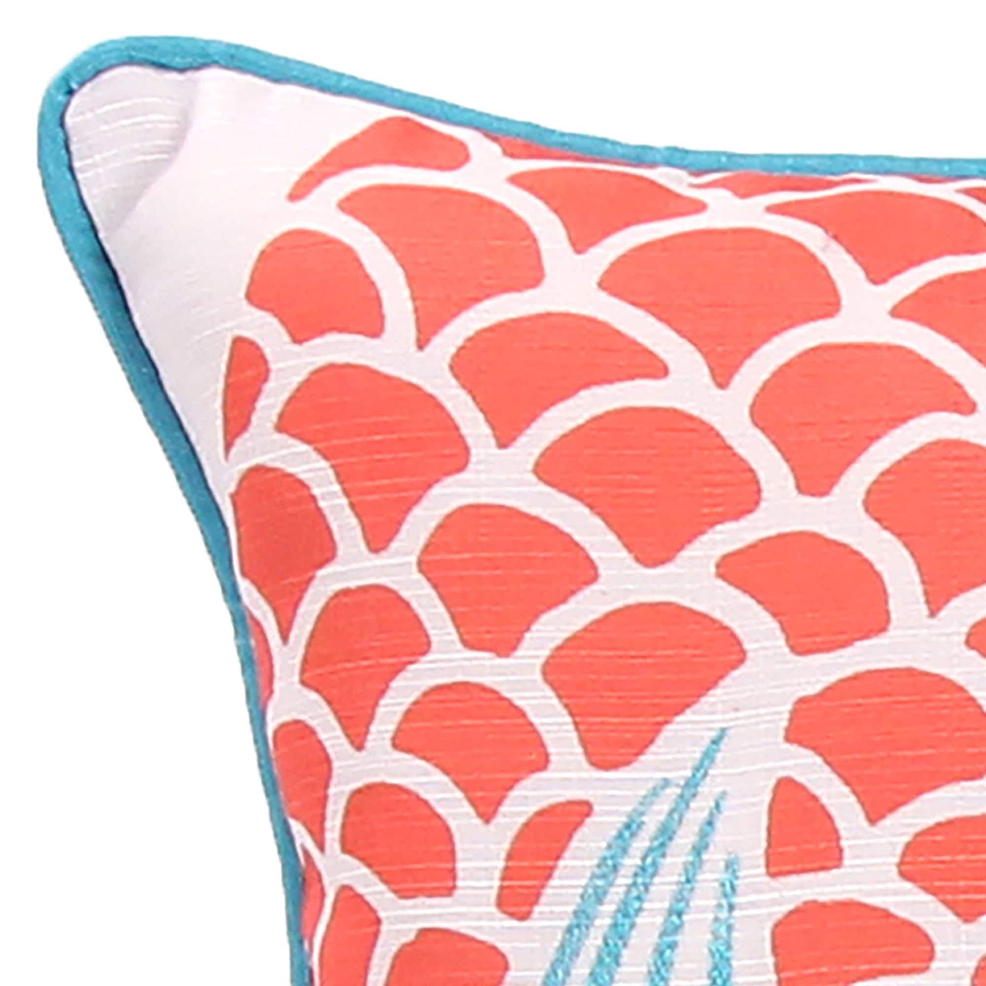 Jordan Manufacturing 18" x 18" Turquoise, Coral and Cream Mermaid Tail Nautical Square Reversible Decorative Throw Pillow with Welt