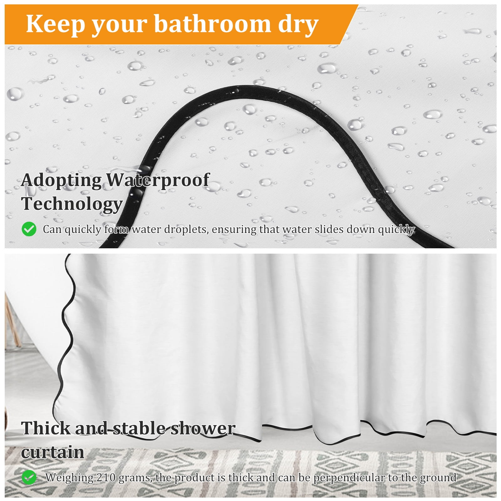 Dznils Black Scalloped Boho Shower Curtain with Hooks, Water-Repellent Thick Linen Fabric Bathroom Curtain, White, 72" x 72"