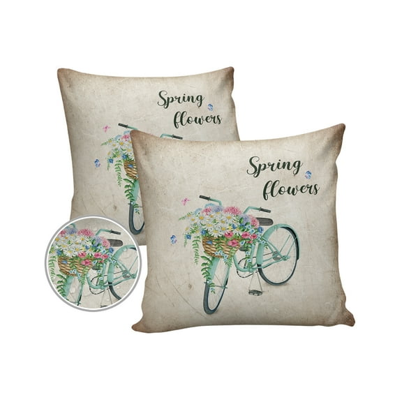 Pack of 2 Outdoor Pillow Covers, Summer Flower Bicycle Waterproof Square Throw Pillowcase Cushion Decorative Pillow Covers for Couch Patio Tent, 16x16 in