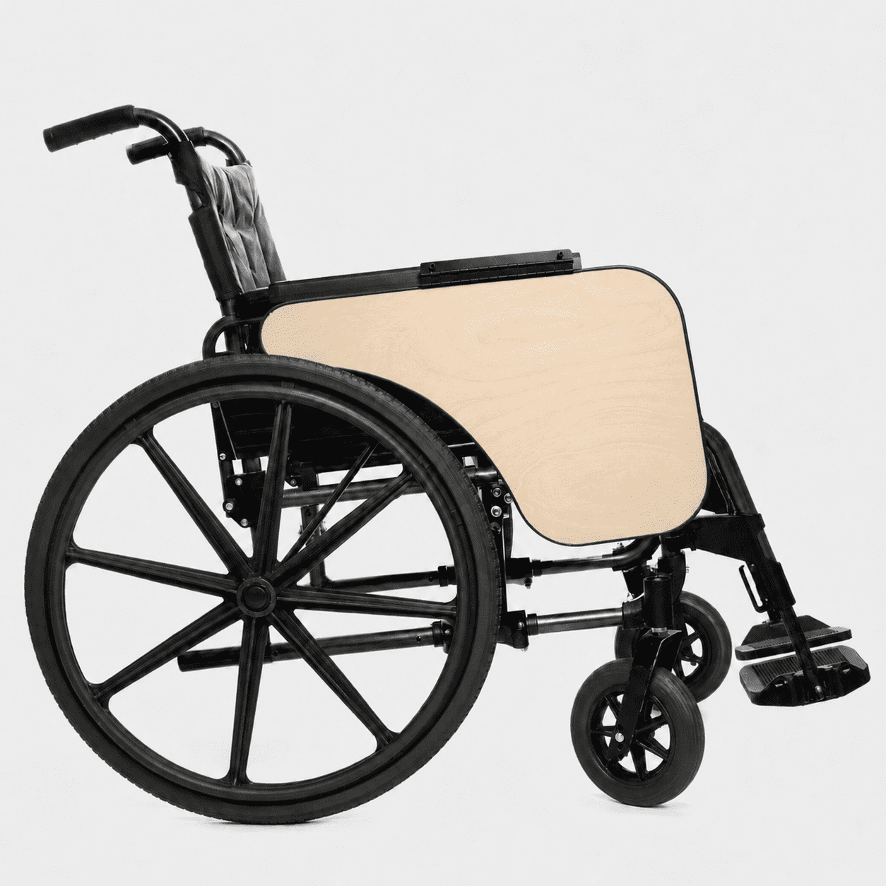 Premium Flip Down Padded Wheelchair Half Lap Tray with Recessed Molded Cup Holder. Right Side.  Color, Classic Black.  Made in the USA.