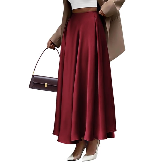 Women'S A-Line Long Maxi Swing Pleated Skirt Wine Red XXL