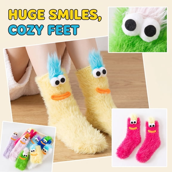 Cartoon Monster Fuzzy Mid-Calf Socks, Fluffy Funny Face Winter Floor Socks, Warm Plush Comfort Indoor Sleep Socks for Women