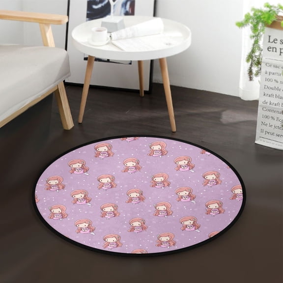 36.2 Inch Round Floor Mat Cartoon Mermaid Pattern Carpet Decor Rug for Living Room Bedroom
