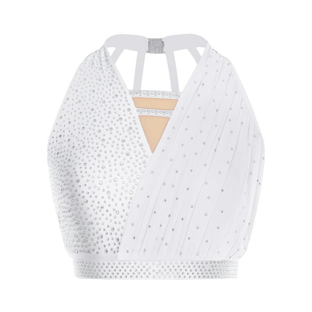 Ocealan Women's Rhinestone Lyrical Ballet Tops Sleeveless Strappy Back Figure Skating Dancing Blouse Tops White S