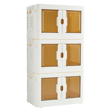 edx Stackable Storage Bins with Lids and Wheels, 25.2 Gal/100QT, 3 Pack, Collapsible Plastic Closet Organizer, Folding Storage Box with Doors