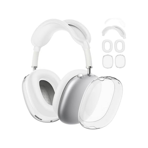 4 in 1 Kit for Apple AirPods Max Headphones, Clear Soft TPU Ear Cups Cover and Silicone Ear Pad Case Cover/Headband Cover for AirPods Max, Accessories Silicone Case for AirPods Max (White)