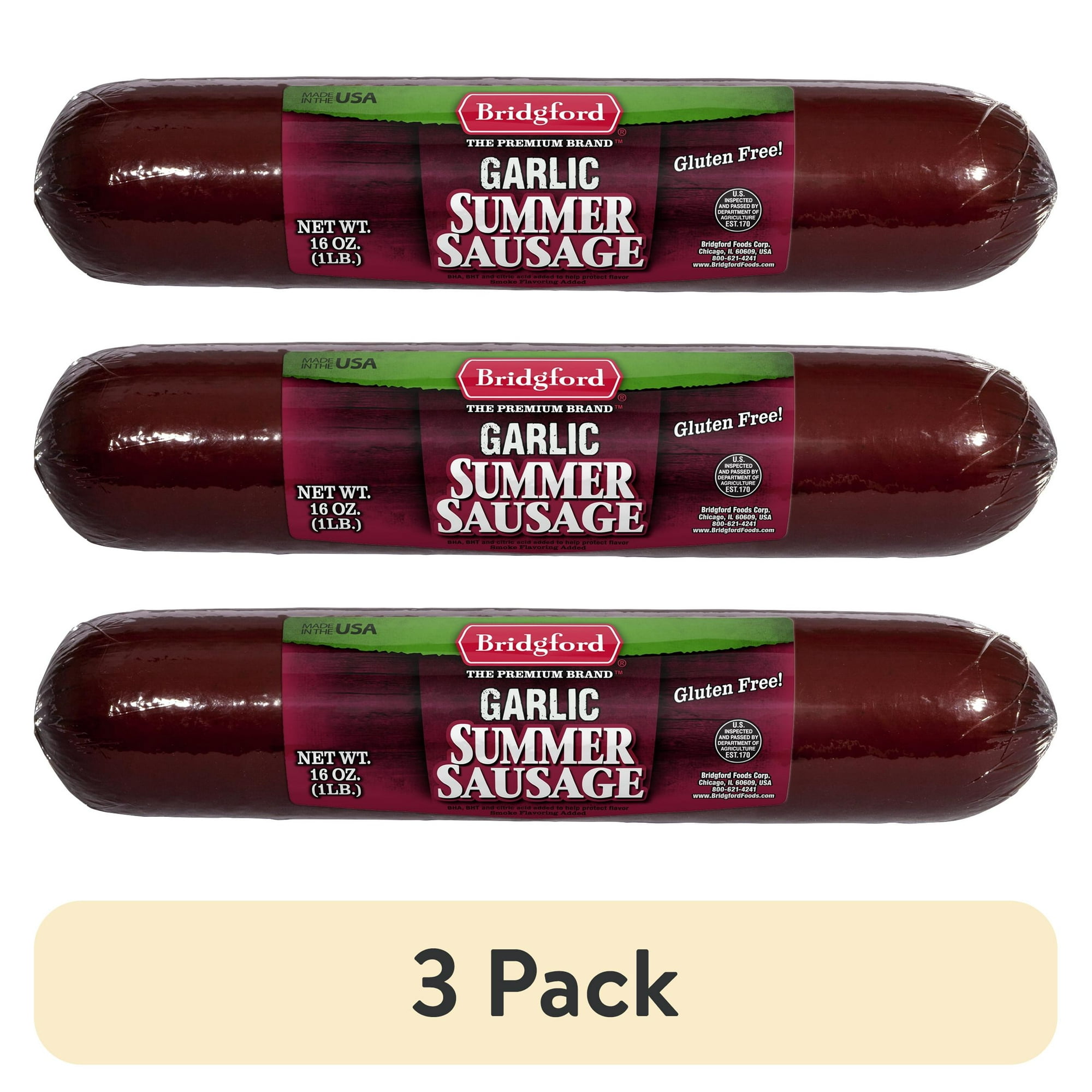 (3 pack) Bridgford Garlic Premium Summer Sausage 16oz - Shelf-Stable Gluten-Free Snack
