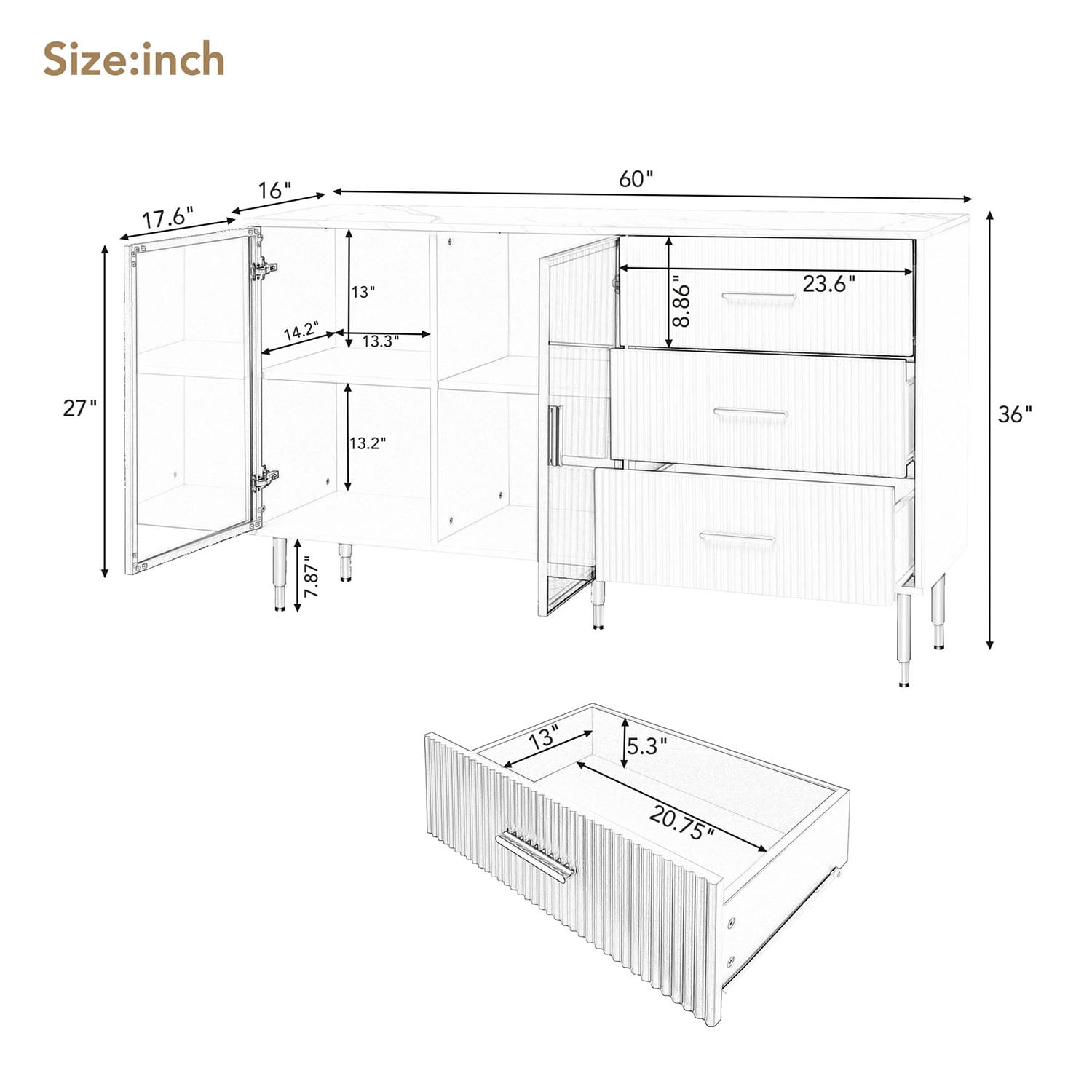 Kadyn Modern Kitchen Storage Cabinet, White Storage Server Cupboard with Gold Metal Legs & Handles, MDF Storage Cabinet for Living Room