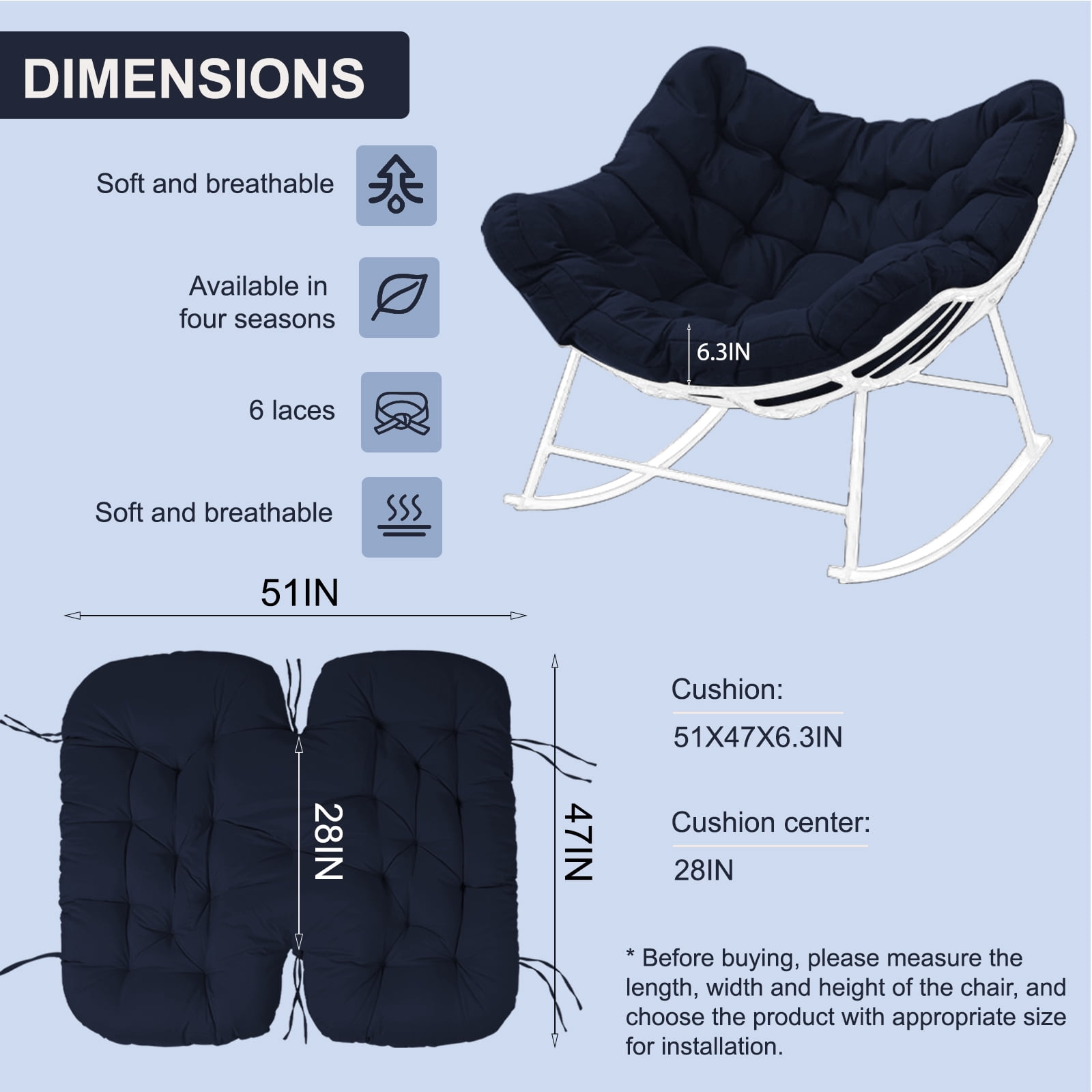 XXLYY Outdoor Rocking Chair Cushions – 6.3" Thick Waterproof Papasan Egg Chair Pad with Ties, Comfortable Round Seat Cushion for Living Room, Patio, Porch, or Balcony