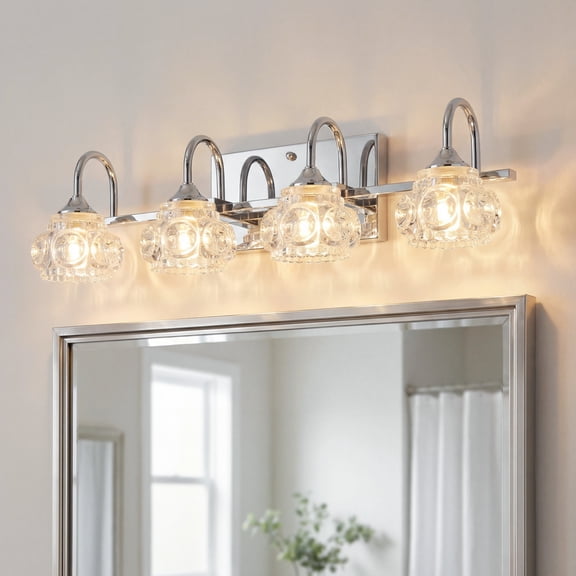 23" Brushed Nickel 4-Light Vanity Light with Crystal Glass Shades, Vintage Bathroom Light Fixture for Vanity Mirror, Powder Room, Hallway, Restroom, or Bedroom (Bulbs Not Included)