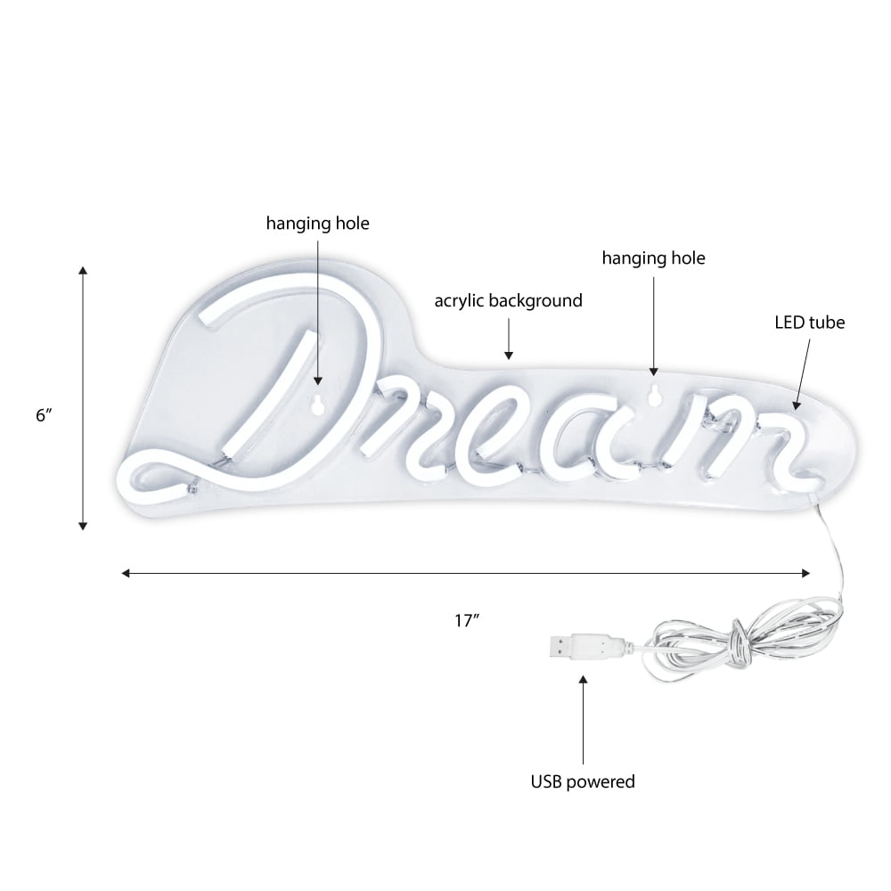 Isaac Jacobs 17" x 6" LED Neon Blue “Dream” Wall Sign for Cool Light, Wall Art, Powered by USB Wire