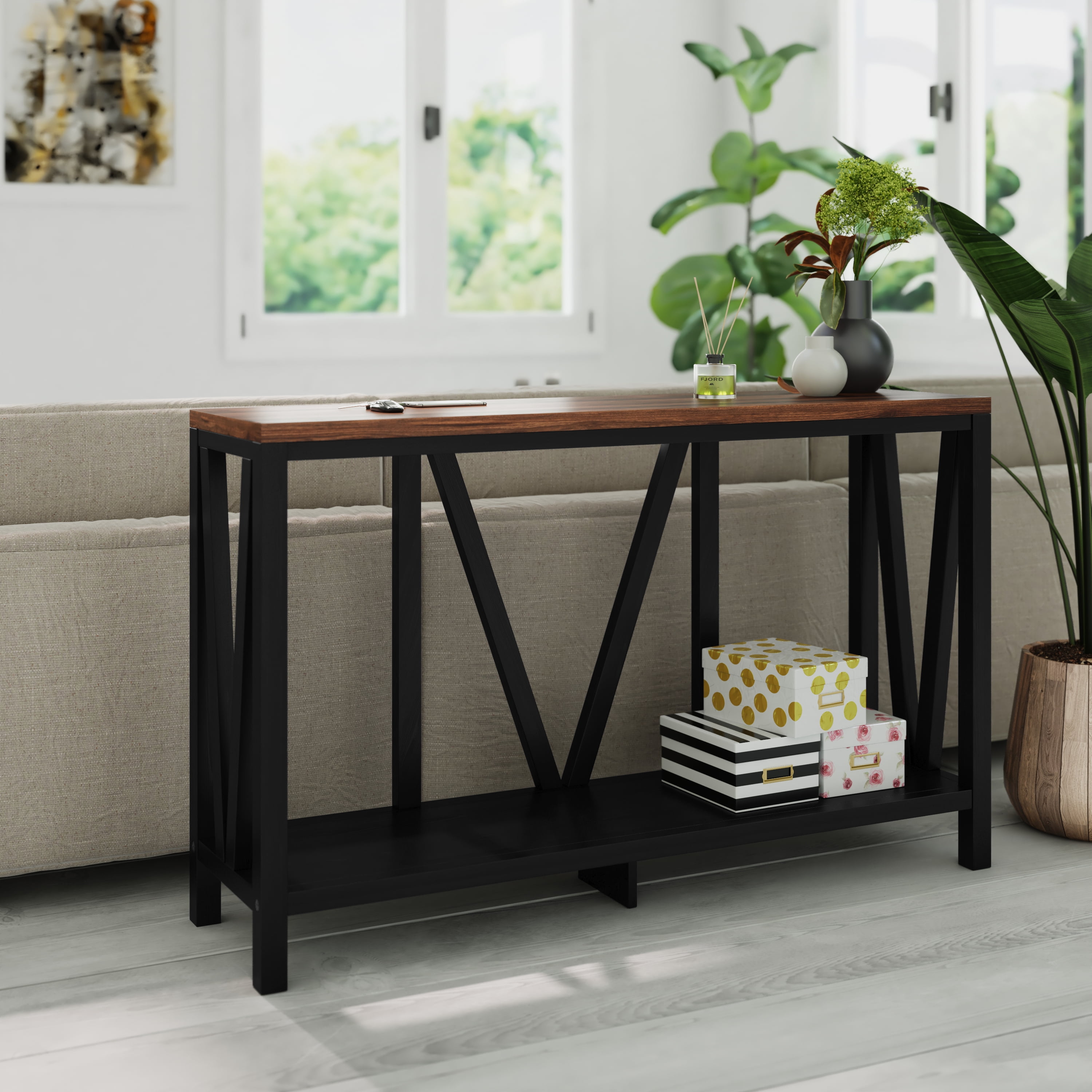 Emma + Oliver Modern Farmhouse Entryway Console Accent Table in Black with Walnut Finished Wood Top