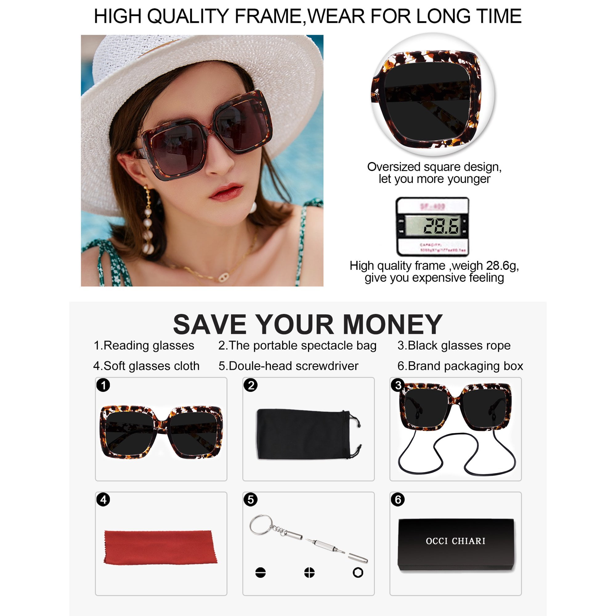 OCCI CHIARI Sunglasses Reading Glasses 2.0 Women UV Protection Sunglass Blue Light Blocking Readers Outdoor 1.0 1.25 1.5 1.75 2.0 2.25 2.5 2.75 3.0 3.5 (Tortoise, 2.00) Acrylic Lens