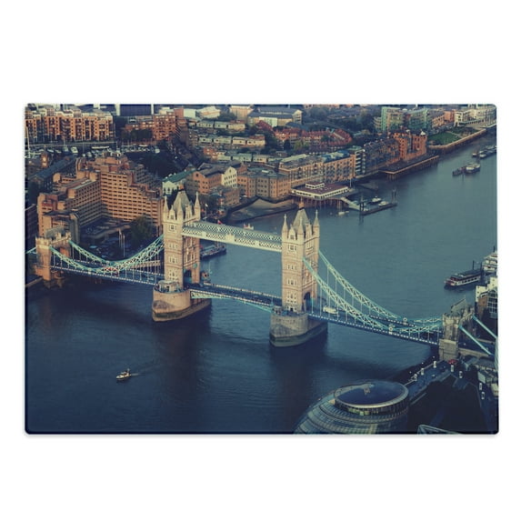 London Cutting Board, London Aerial View with Tower Bridge at Sunset Internatinal Big Old UK British River, Decorative Tempered Glass Cutting and Serving Board, Large Size, Multicolor, by Ambesonne