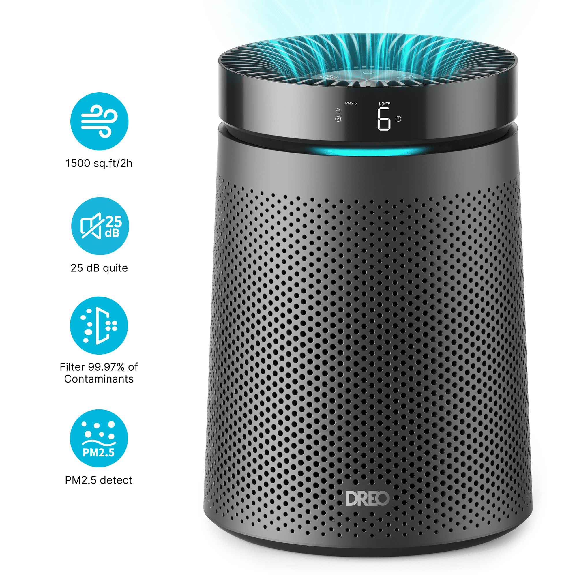 DREO True HEPA Air Purifier for Rooms Up to 1500 Sq.Ft, 3-in-1 Filter for Allergies & Asthma, PM2.5 Display, Sleep Mode 25 dB