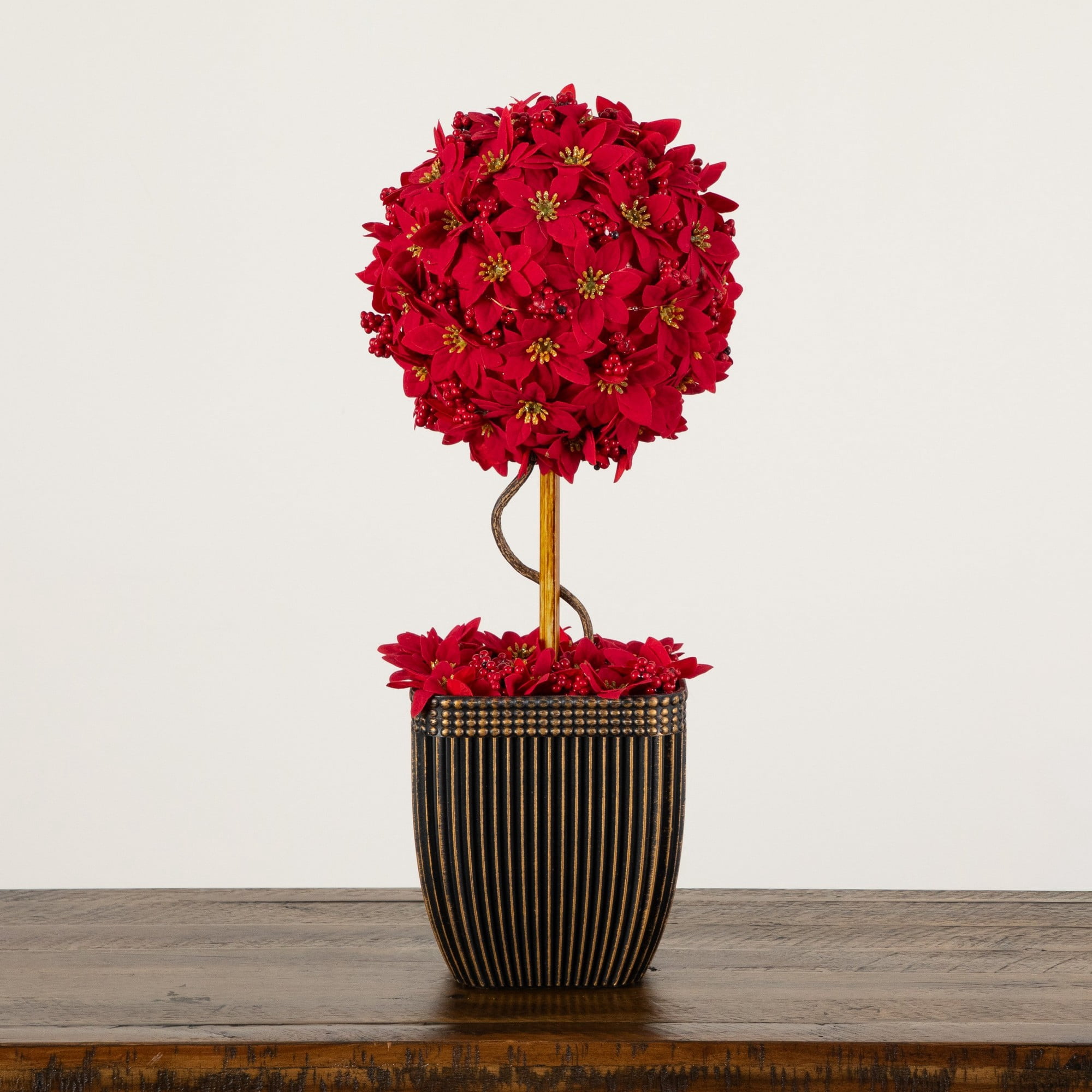 21in. Pre-Lit Artificial Christmas Poinsettia Single Ball Topiary Tree with 15 LED Lights in Decorative Planter