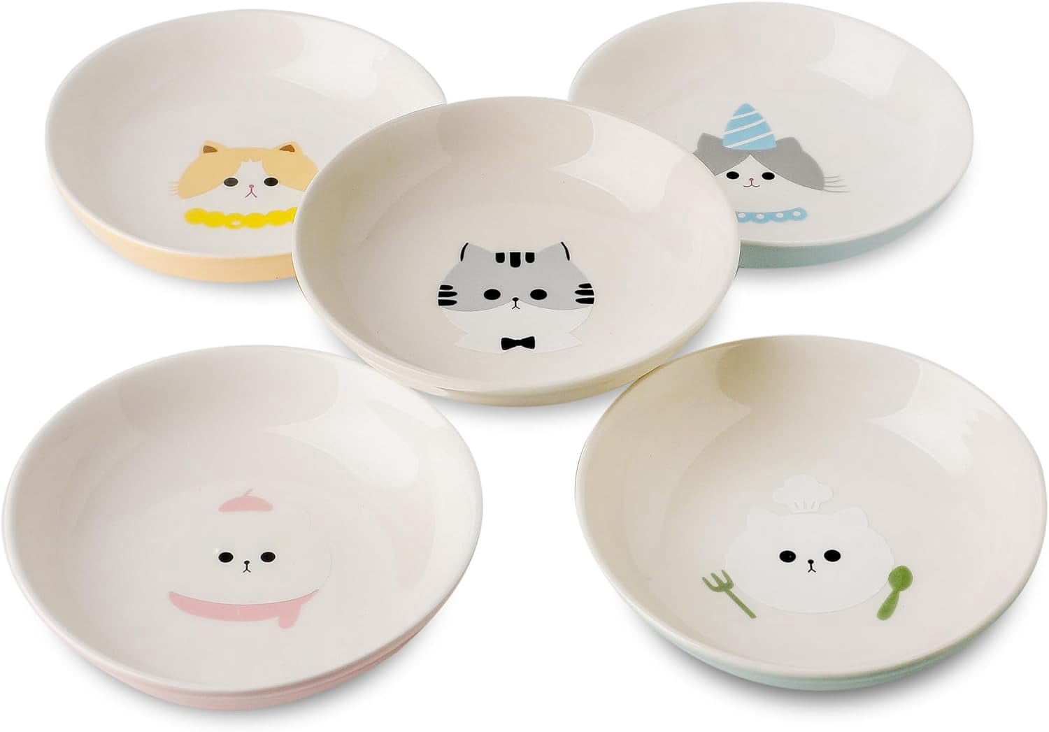 Ceramic Cat Bowls Set - 5.7 inch Wide Cat Food Bowls Whisker Fatigue Friendly, 5 Colorful Kitten Dish Plates with Cute Pattern for Wet and Dry Food Water