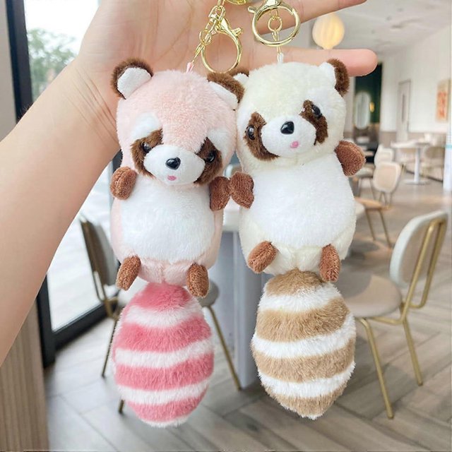 Llavero con colgante de mapache de peluche de cola grande, bonito llavero para coche o mochila.