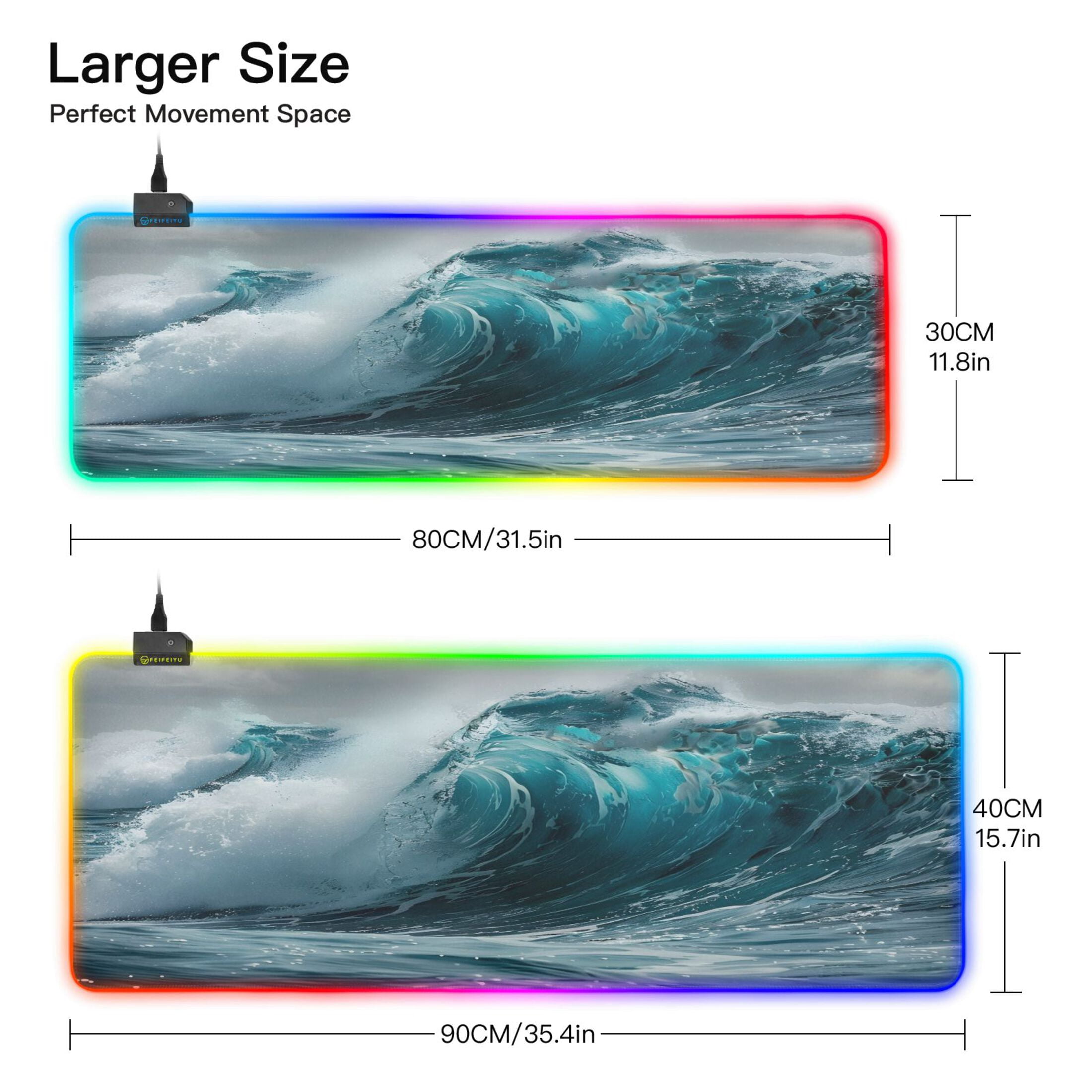 Large RGB Gaming Mouse Pad Led Glowing Mousepad Non-Slip Rubber Base 13 Light Modes 31.5x11.8 Sea Wave