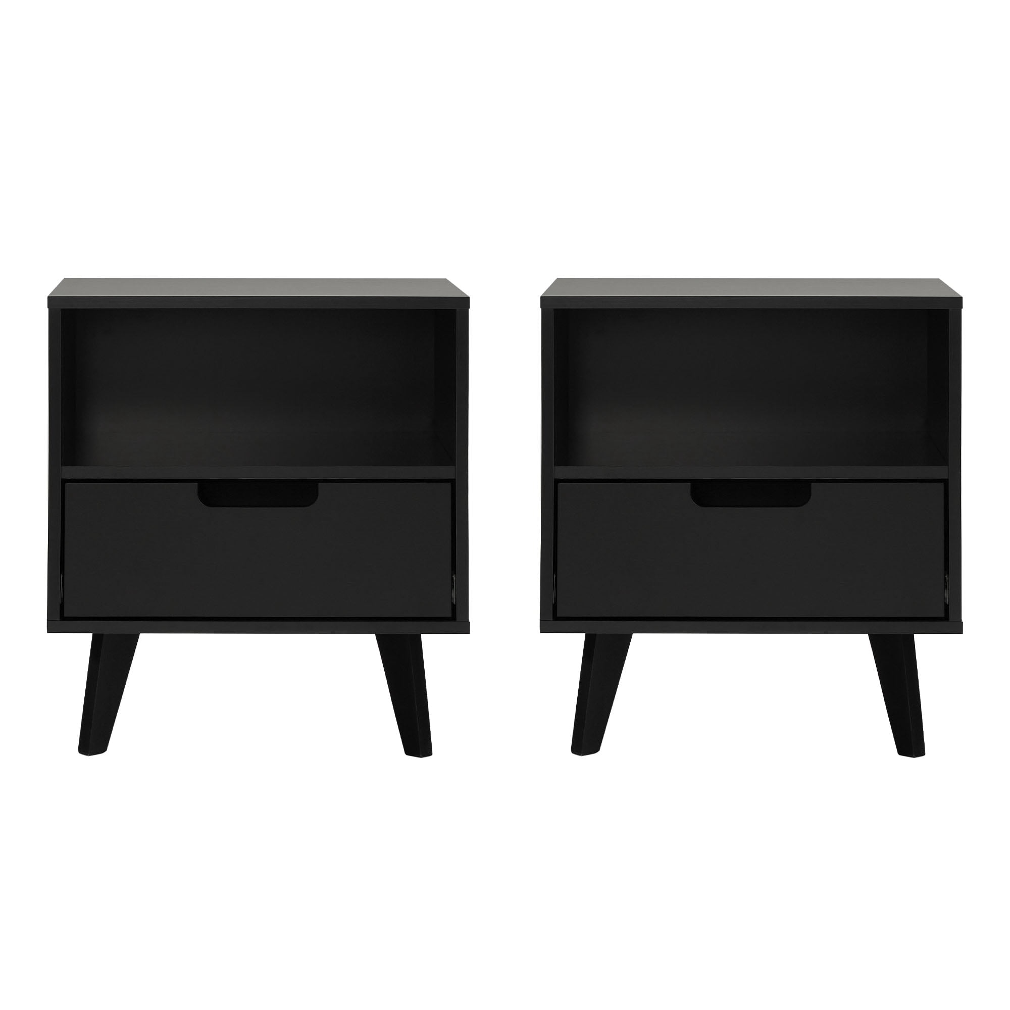 Walker Edison Mid-Century Modern 1-Drawer Angle-Leg Nightstand, 2 Pack, Black