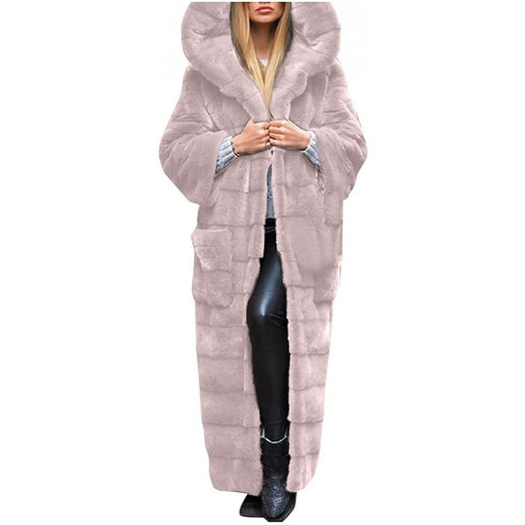 Usmixi 2023 Faux Fur Coat for Women Long Coat for Women Warm Thickened Cozy Fuzzy Furry Hooded Overcoat Long Sleeve Casual Solid Fluffy Plush Coat Fleece Outwear Winter Faux Fur Coat