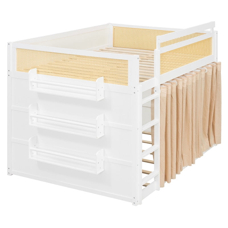 Full-Over-Full Bunk Bed with Bedside 3-Tier Storage Bookshelf, Teens/Kids Rattan Guardrail Bed Frame with Curtain & Light