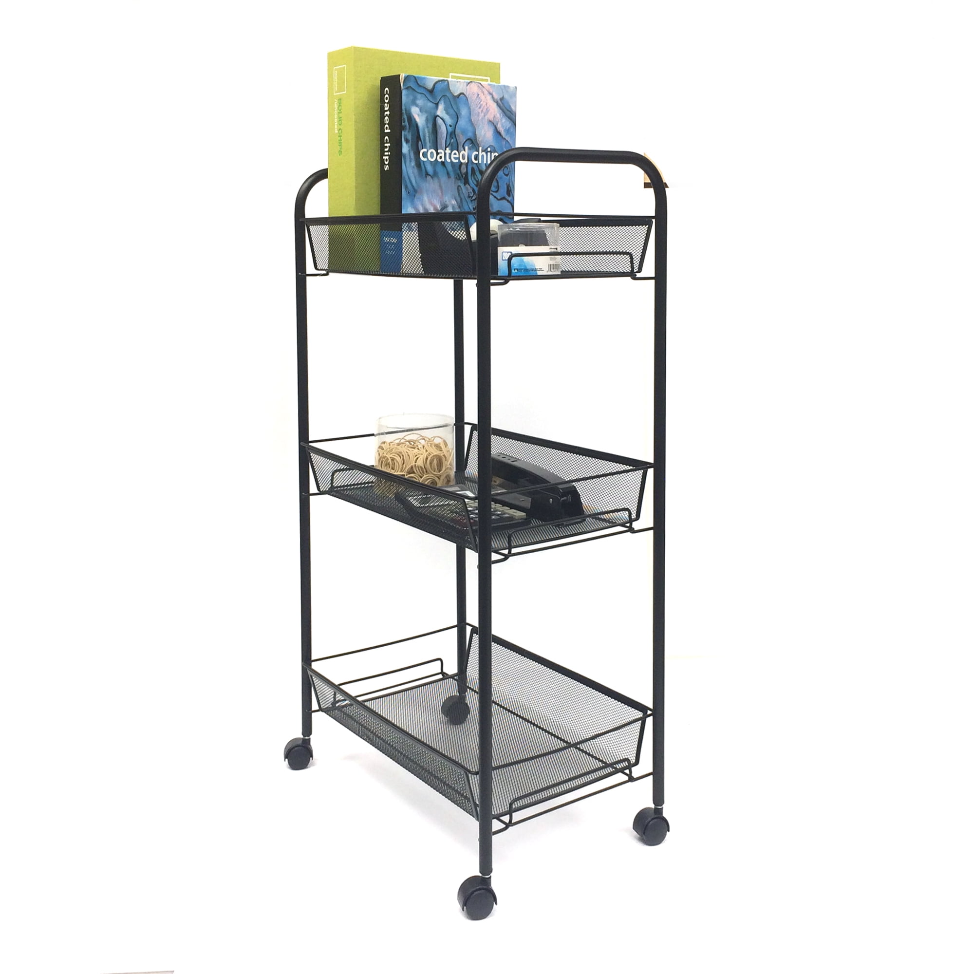 Mind Reader ' Roll' rolling metal mesh 3 shelf cart, Black