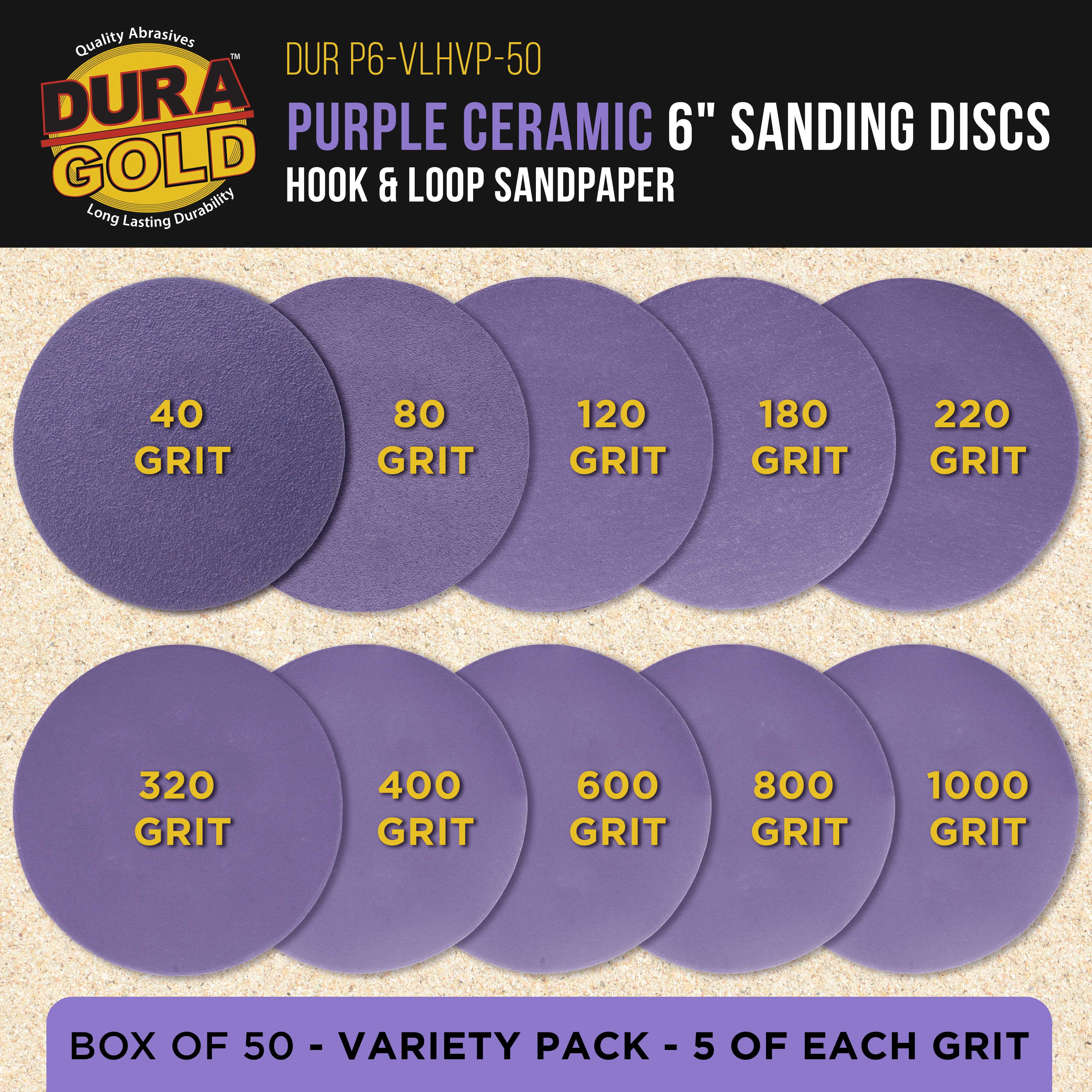 Dura-Gold Premium 6" Purple Film Ceramic Sanding Discs, 50 Disc Variety Pack, Grits 60, 80, 120, 180, 220, 320, 400, 600, 800, 1000 - Hook & Loop Sandpaper, DA & Random Orbital Sander, Auto Paint
