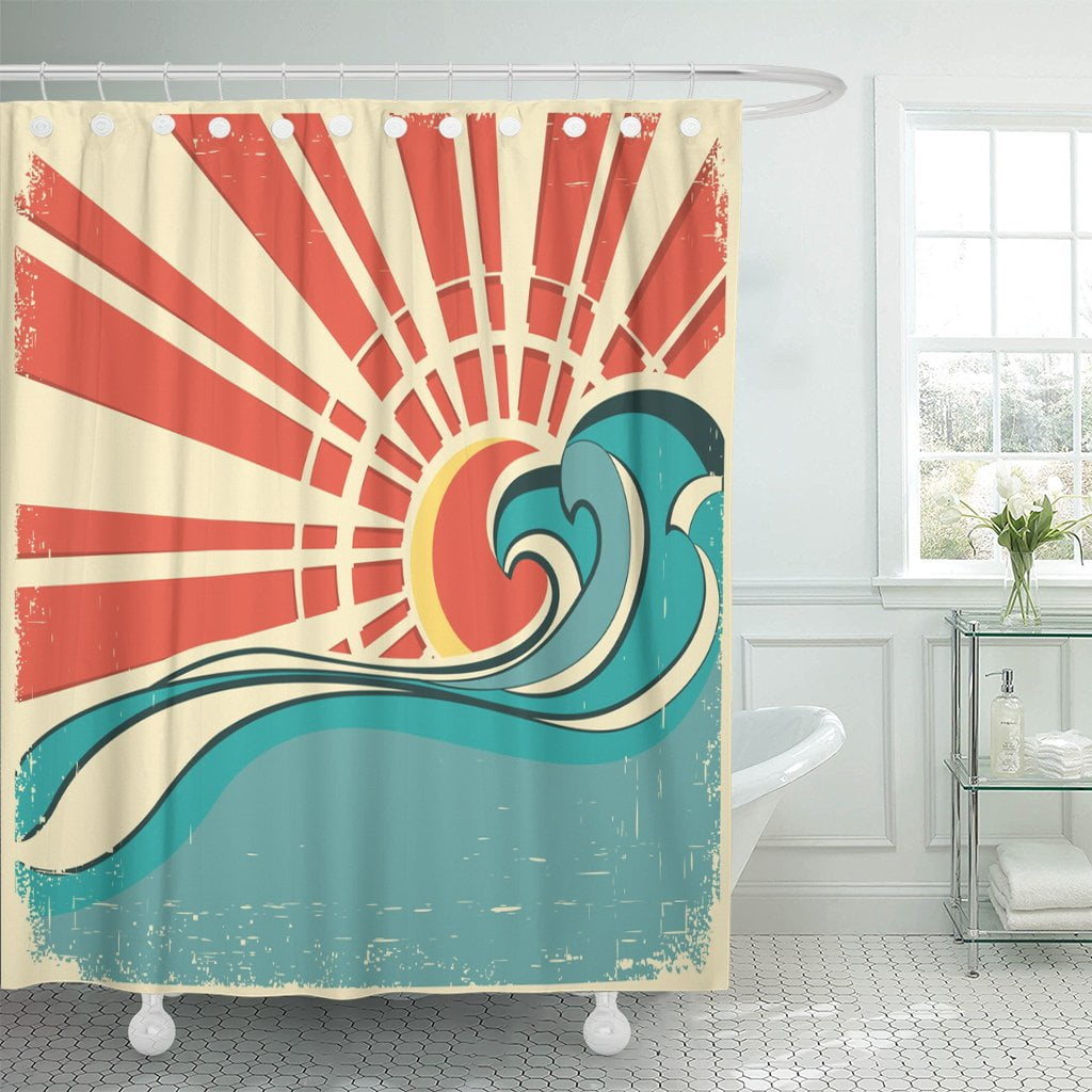 PKNMT Blue Surf Sea Waves Vintage of Nature Sun Retro Shower Curtain
