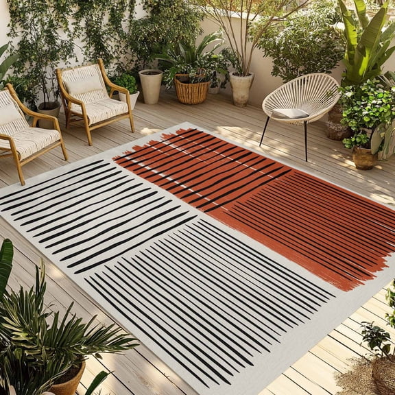 Brown Striped Outdoor Rug for Patio/Deck/Porch, Non-Slip Large Area Rug 5 x 7 Ft, Farmhouse Stripes Modern Abstract Art Indoor Outdoor Rugs Washable Area Rugs, Reversible Camping Rug Carpet Runner