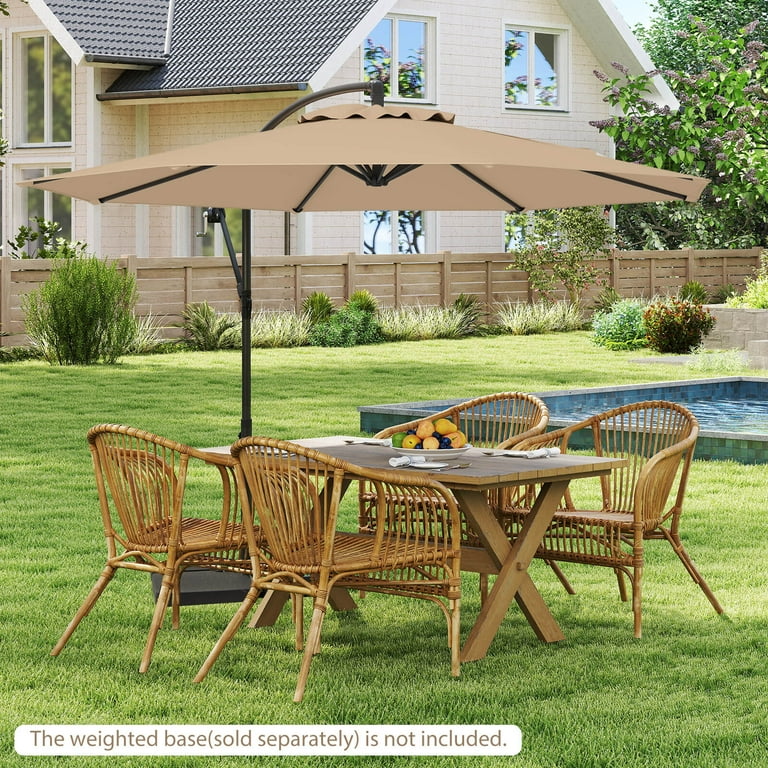Costway 10' Hanging Umbrella Patio Sun Shade Offset Outdoor Market W/t Cross Base (Tan)