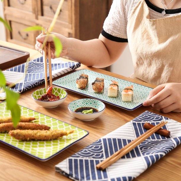 Vancasso Macaron Sushi Set Porcelain Japanese Style Hand Painted Set Of 2 Sushi Plates 2 Dip Bowls 2 Pairs Of Bamboo Chopsticks For Sushi Walmart Com