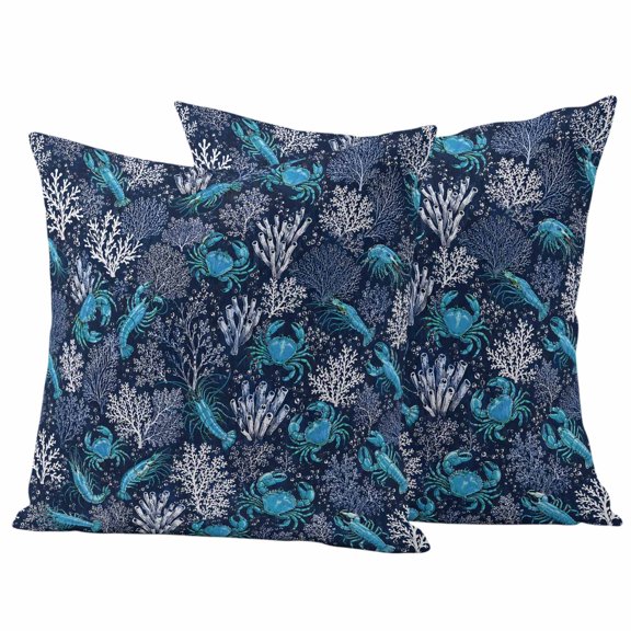 Summer Coastal Outdoor Waterproof Pillow Covers, Ocean Sea Coral Crab Shrimp Seaweed Vintage Decorative Square Throw Pillowcase Sofa Cushion Sham for Patio/Couch/Chair, 20"x20" 2 Pack