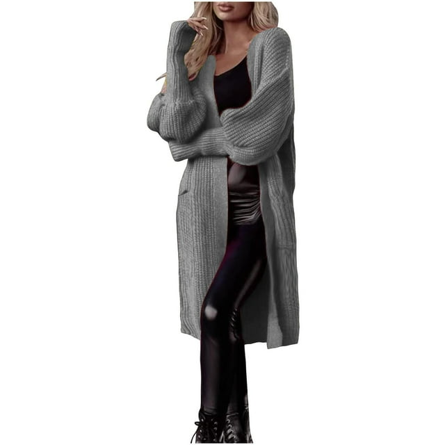 UAMVSH Women's Sweater Cardigans Basic Long Sleeve Knitted Dusters with Pockets Solid Color Casual Open Front Trench Outwear(Small,Gray)