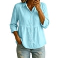 thumbnail image 2 of Feancey Women's Cotton Linen Button Down Shirt 3/4 Sleeve Collared Peplum Blouse Lightweight Casual Beach Vacation Shirts Gifts for Mom Sky Blue XXL, 2 of 7