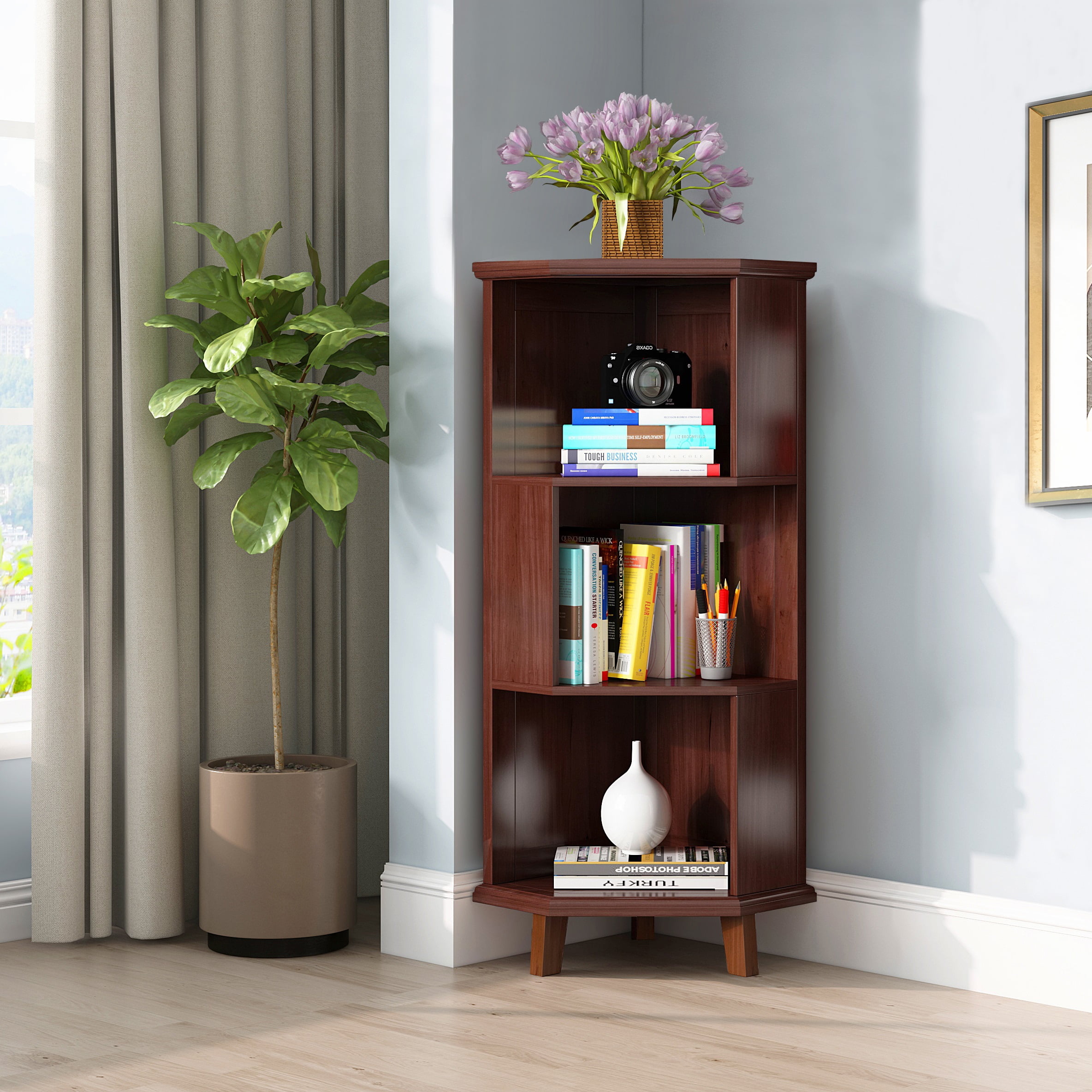 WILK 3Layer Cube Corner Bookshelf Solid Wood Corner Bookcase（Brown