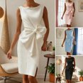 thumbnail image 2 of Quixlent Women Sleeveless Bodycon Dress Ruched Bow Tie Side Slit Midi Dress Lady Formal Cocktail Party Work Dress, 2 of 8