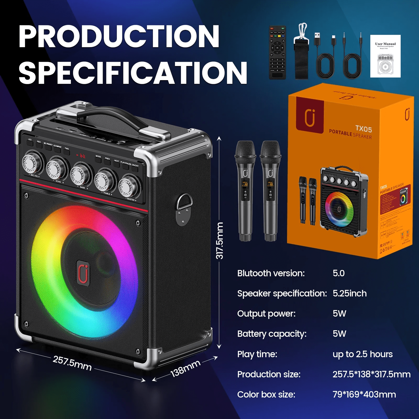 JYX Karaoke Machine, Portable Bluetooth Speaker with 2 Microphones, Karaoke Party Speaker, TX05